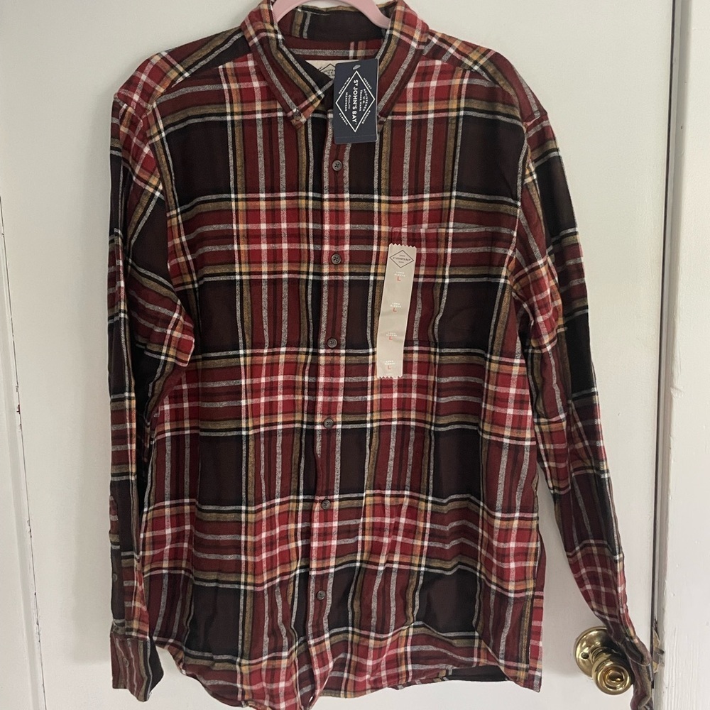 BNWT St. John's Bay Men's Rust Multicolor Plaid Button Down Shirt size large - Picture 5 of 9